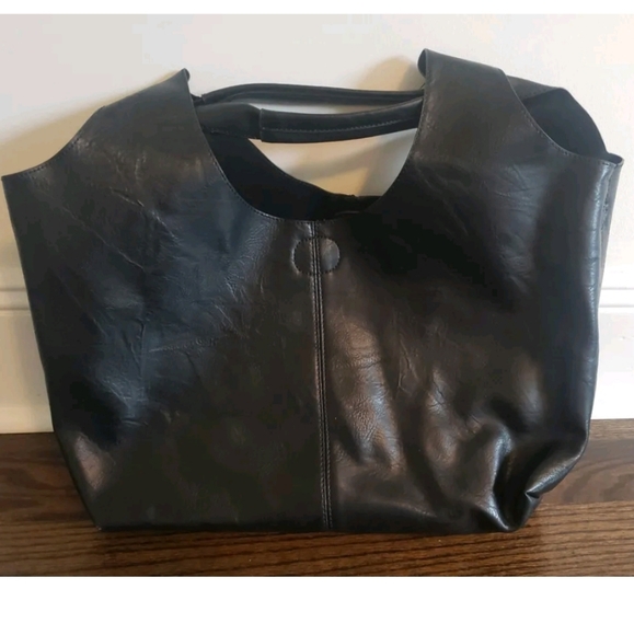 NEW AHDORNED VEGAN LEATHER BLACK HOBO TOTE w/ CAMO STRAP GOLD 2 in 1 - Picture 2 of 9